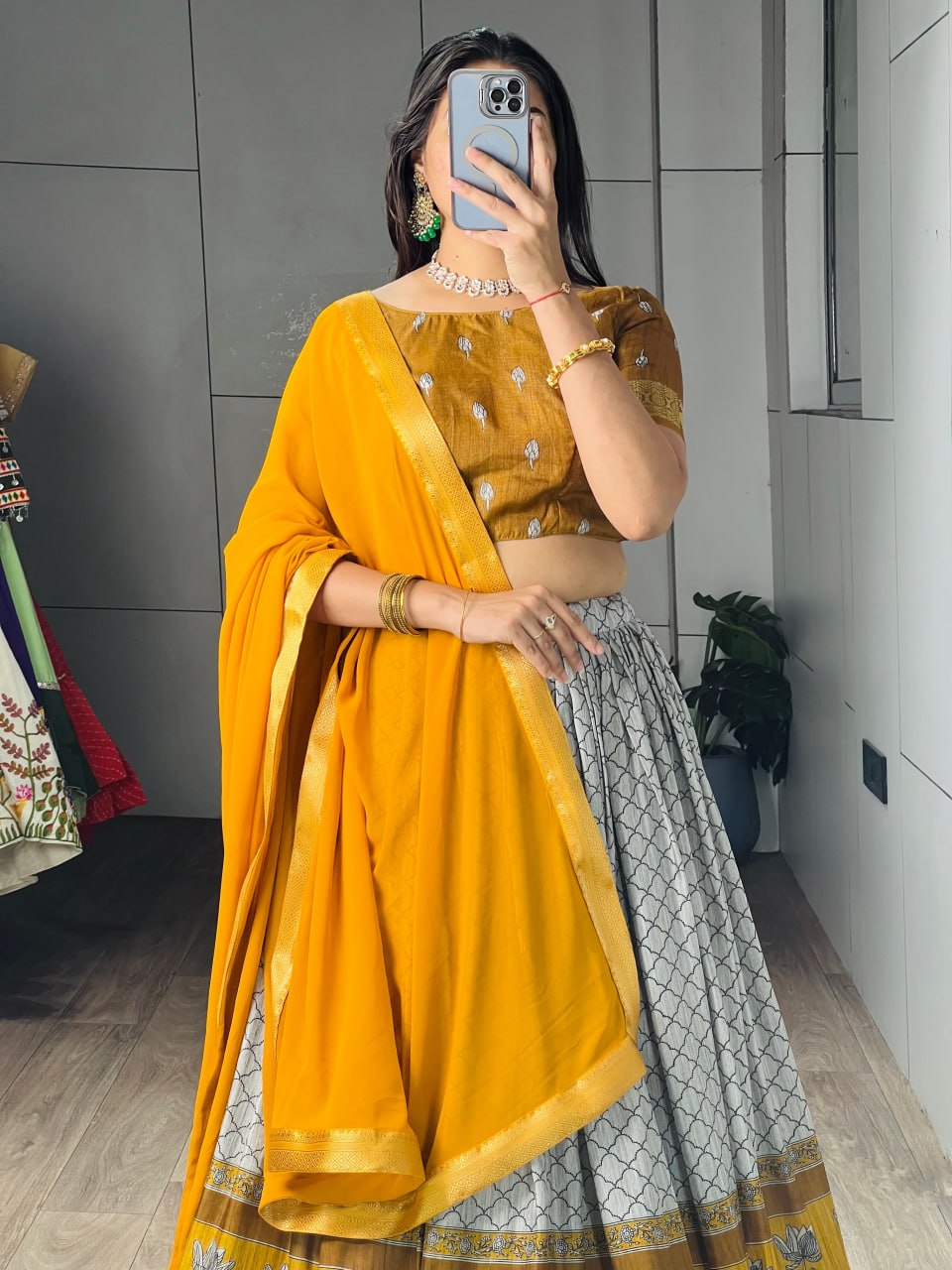 Mustard Pure Tussar Khichu Ethnic Print With Silk Weaving Border South Indian Lehenga Choli