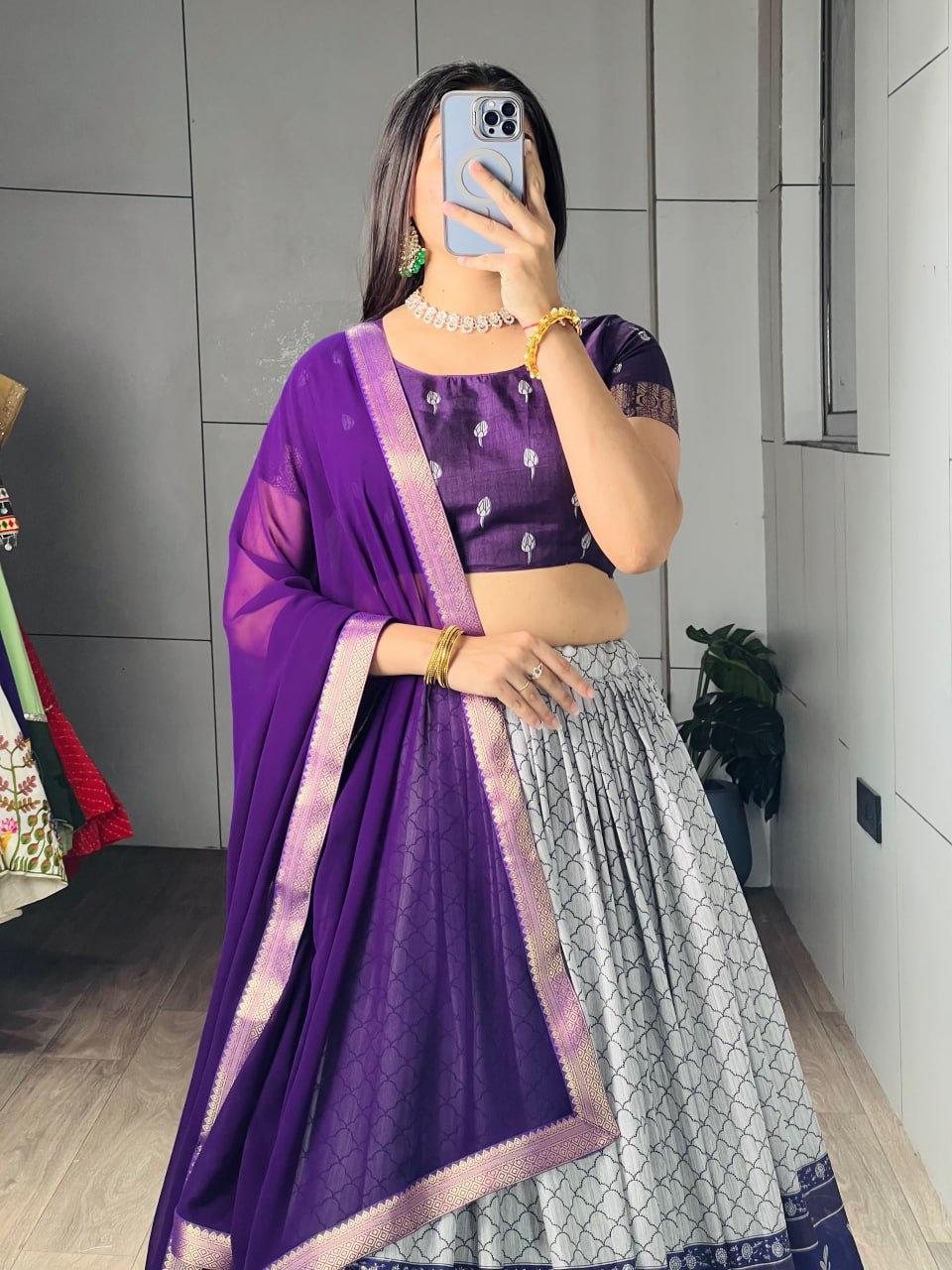 Blue Pure Tussar Khichu Ethnic Print With Silk Weaving Border South Indian Lehenga Choli