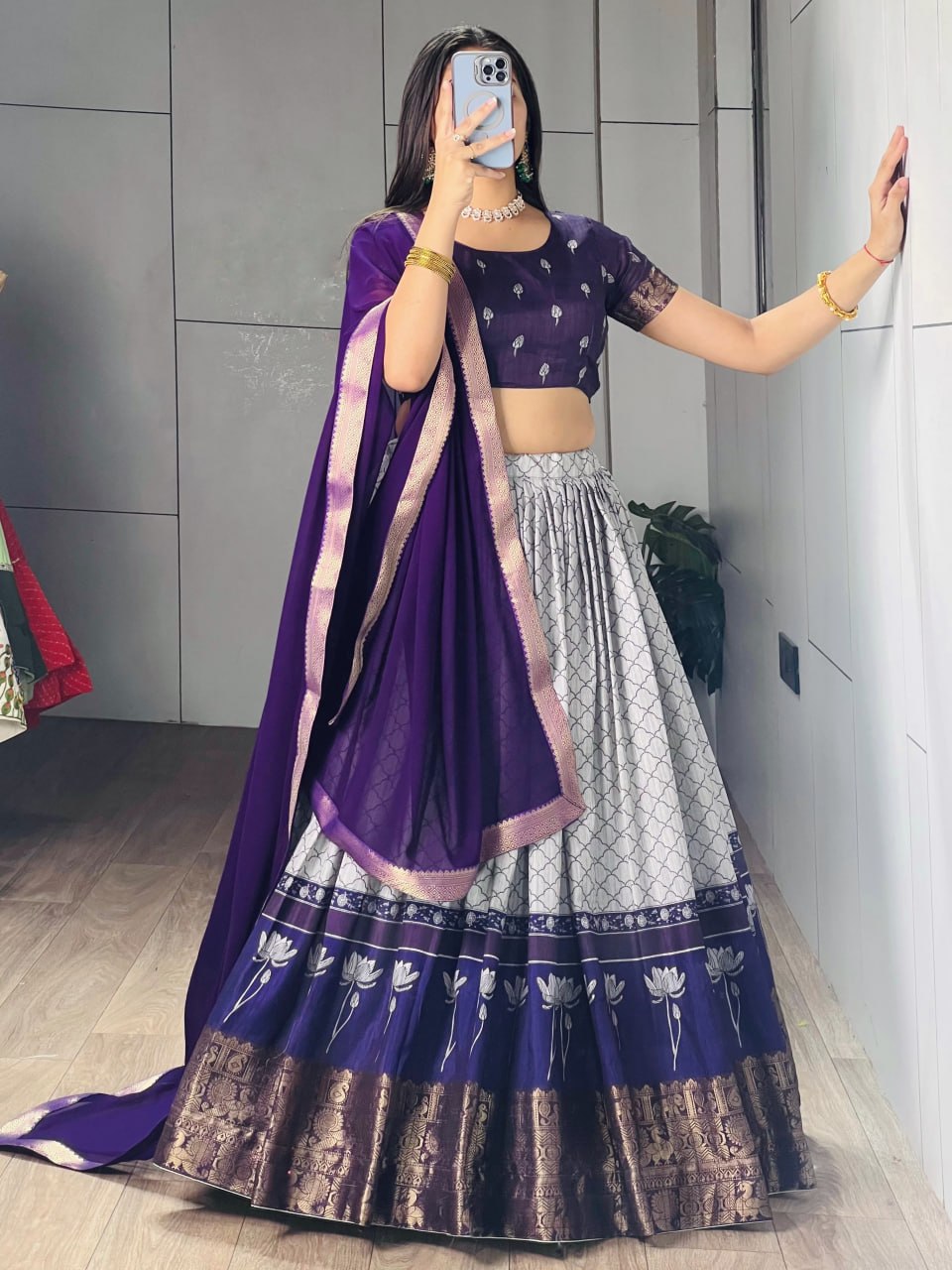 Blue Pure Tussar Khichu Ethnic Print With Silk Weaving Border South Indian Lehenga Choli