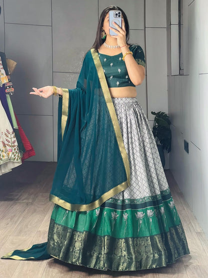 Rama Pure Tussar Khichu Ethnic Print With Silk Weaving Border South Indian Lehenga Choli