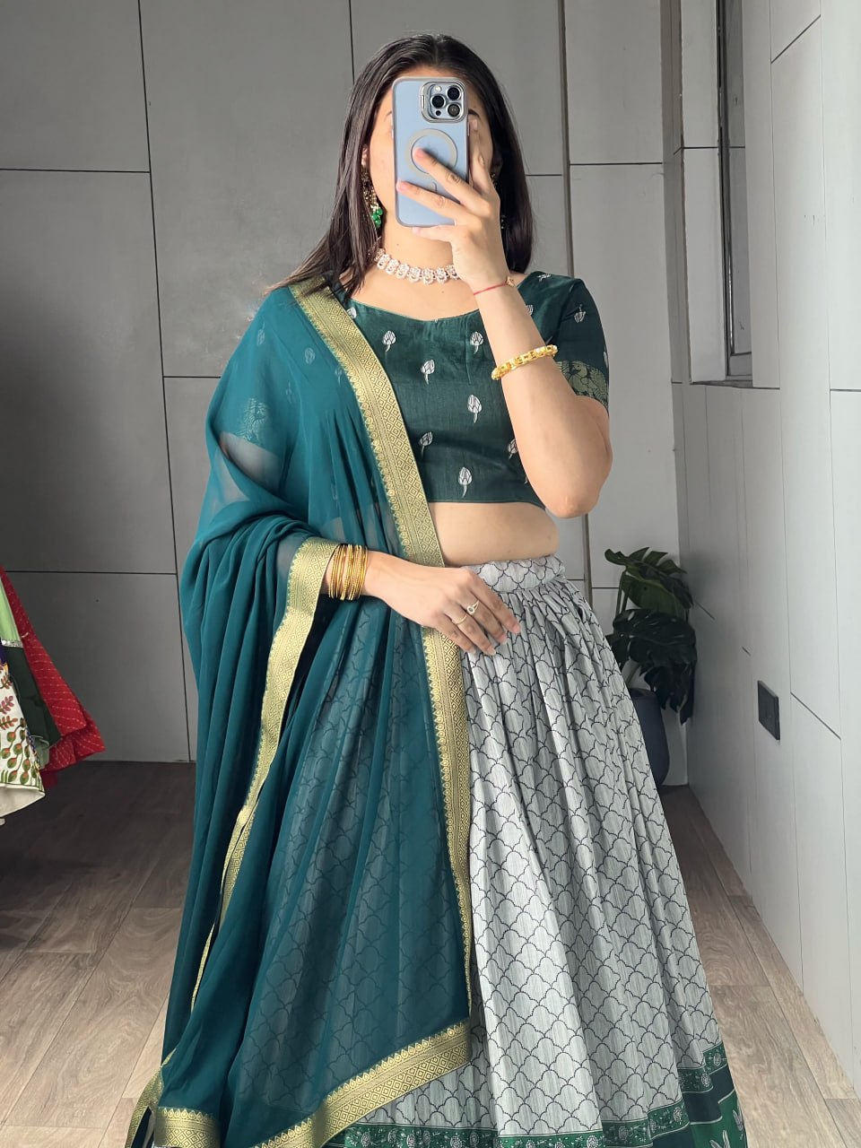 Rama Pure Tussar Khichu Ethnic Print With Silk Weaving Border South Indian Lehenga Choli