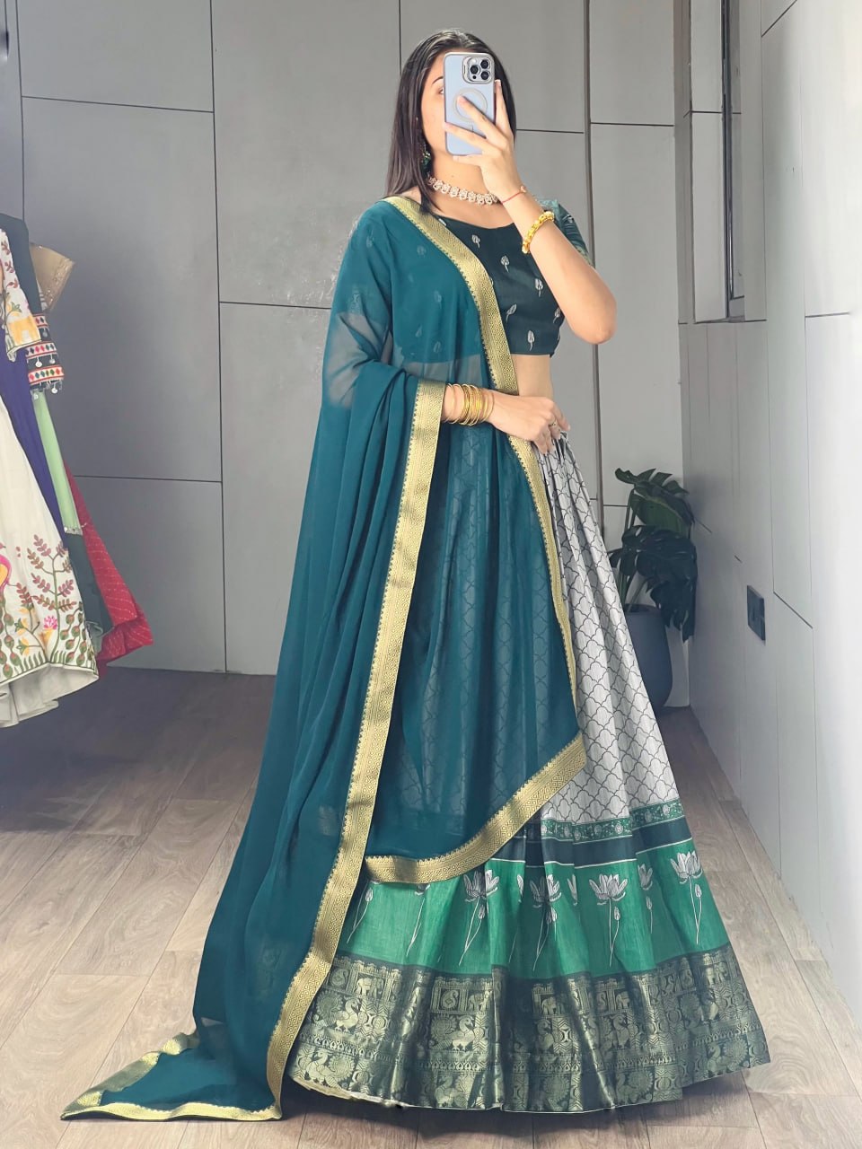 Rama Pure Tussar Khichu Ethnic Print With Silk Weaving Border South Indian Lehenga Choli