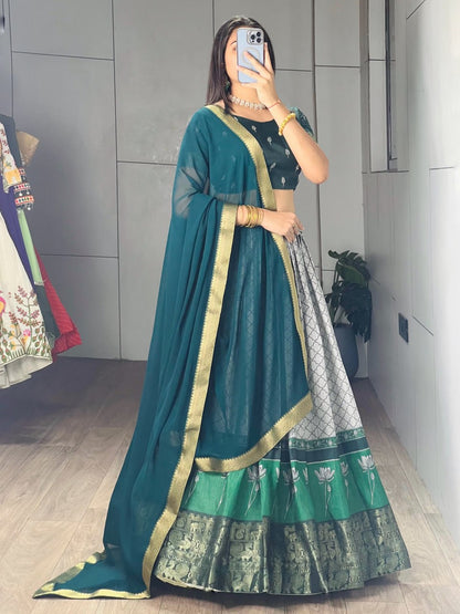 Rama Pure Tussar Khichu Ethnic Print With Silk Weaving Border South Indian Lehenga Choli