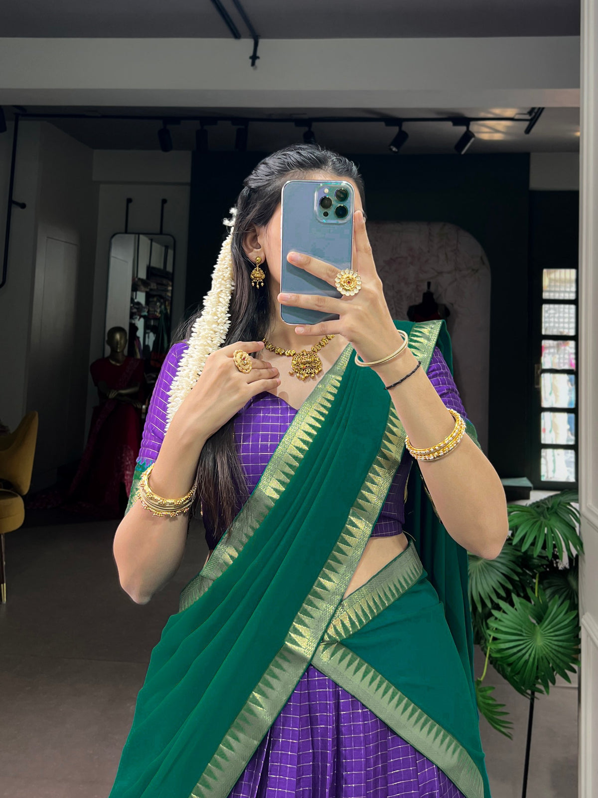 Purple Pure Poly Cotton Chexs with Rich Zari Weaving Work South Indian Lehenga Choli