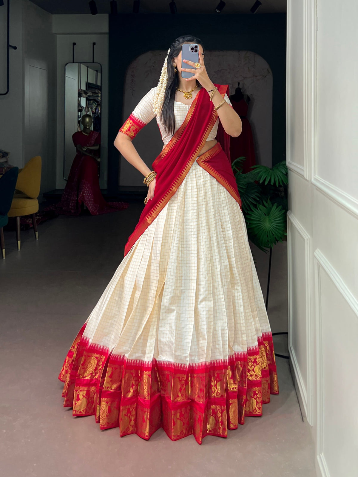 White Pure Poly Cotton Chexs with Rich Zari Weaving Work South Indian Lehenga Choli