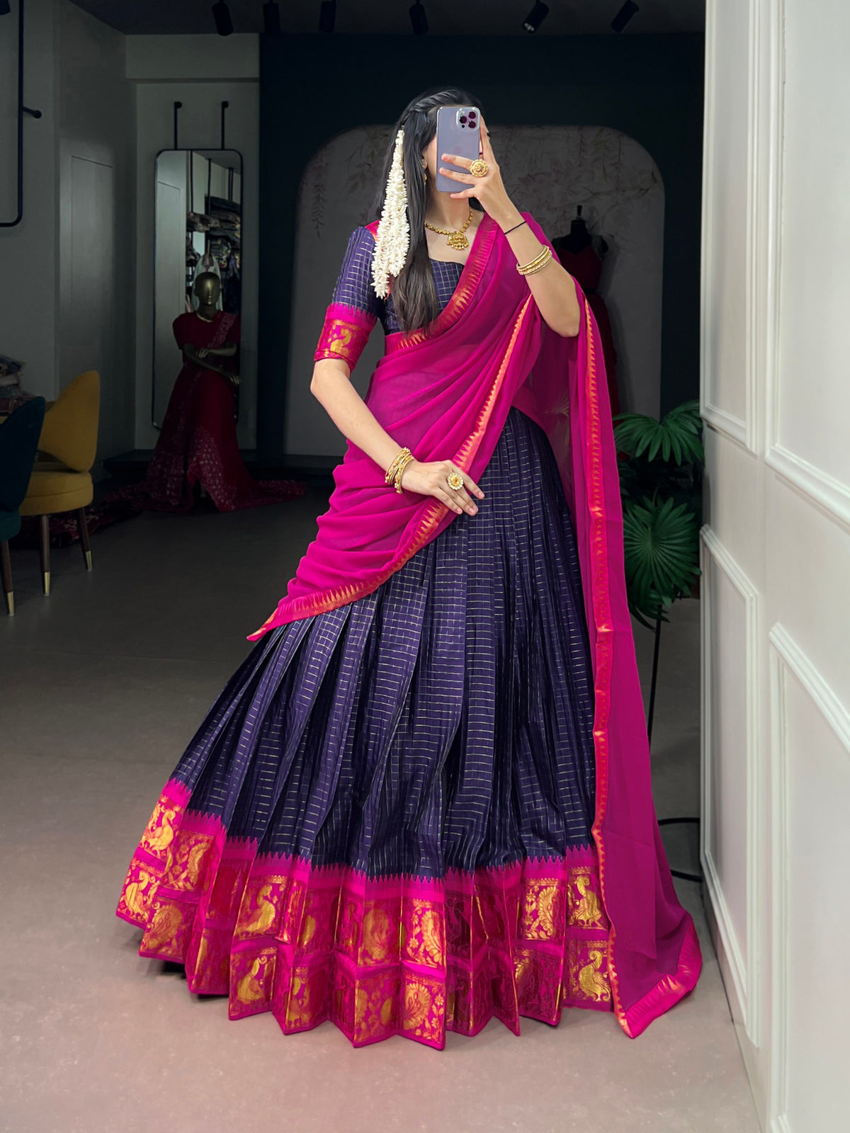 Navy Pure Poly Cotton Chexs with Rich Zari Weaving Work South Indian Lehenga Choli