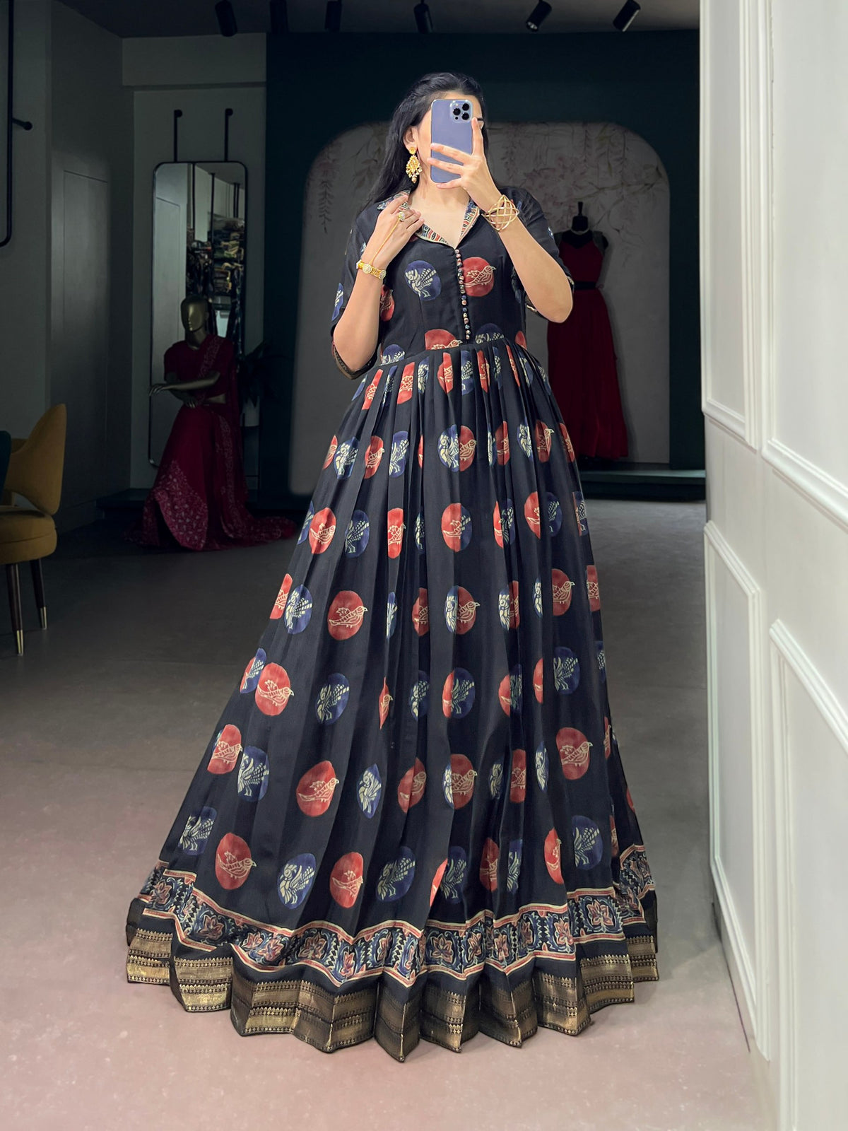Black Pure P.V. Chanderi Silk Artistic Printed Anarkali Gown