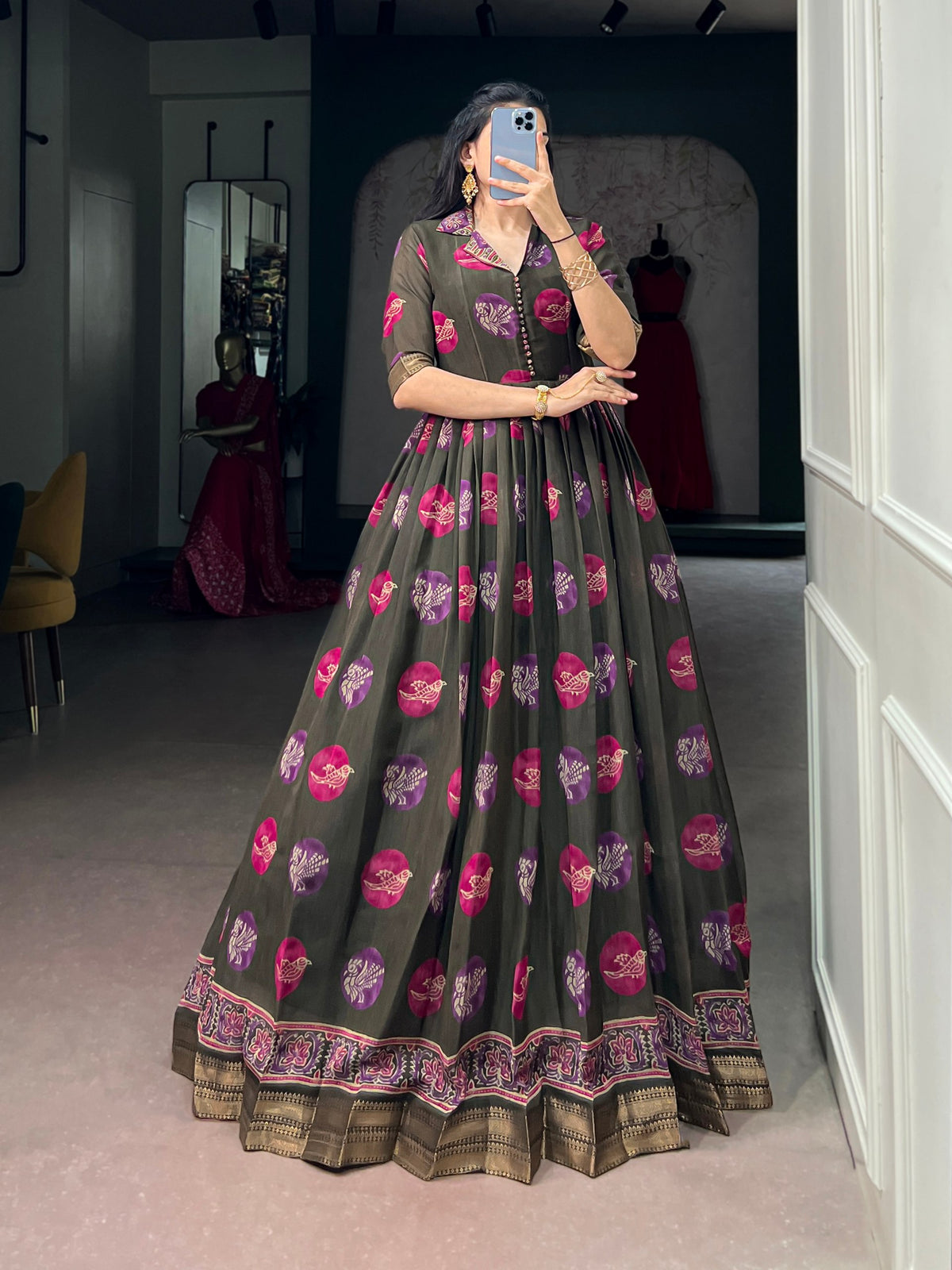 Mehndi Pure P.V. Chanderi Silk Artistic Printed Anarkali Gown