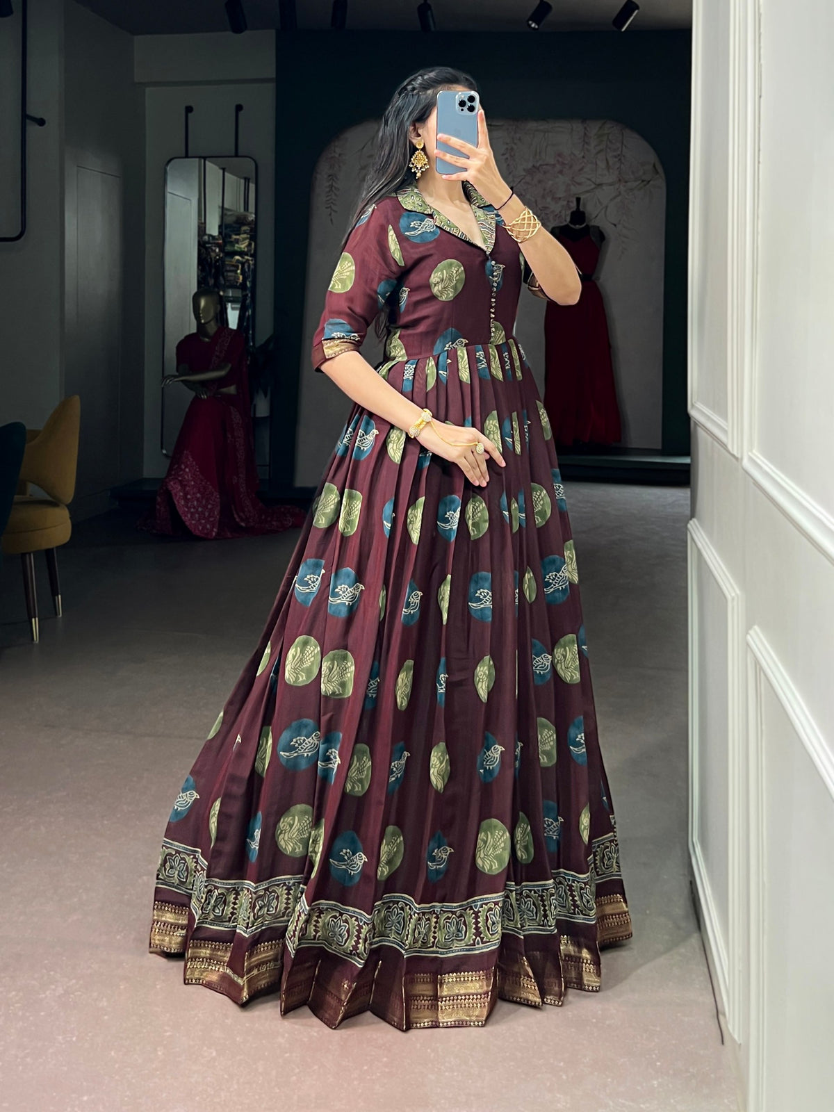 Maroon Pure P.V. Chanderi Silk Artistic Printed Anarkali Gown