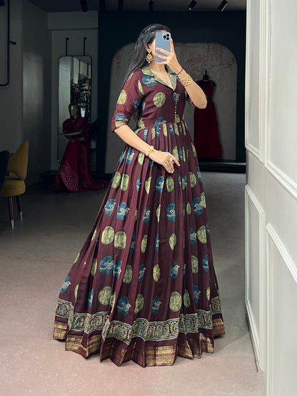 Maroon Pure P.V. Chanderi Silk Artistic Printed Anarkali Gown