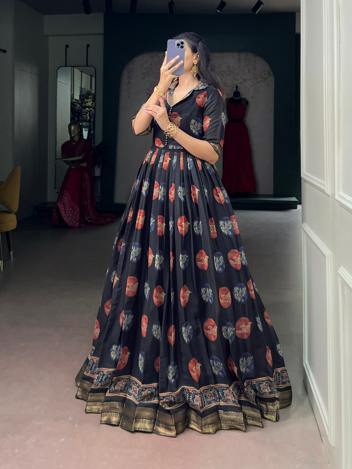 Black Pure P.V. Chanderi Silk Artistic Printed Anarkali Gown