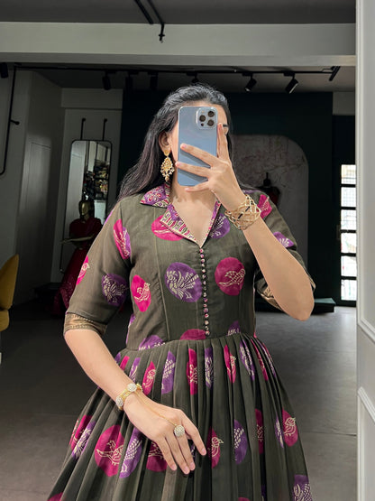 Mehndi Pure P.V. Chanderi Silk Artistic Printed Anarkali Gown