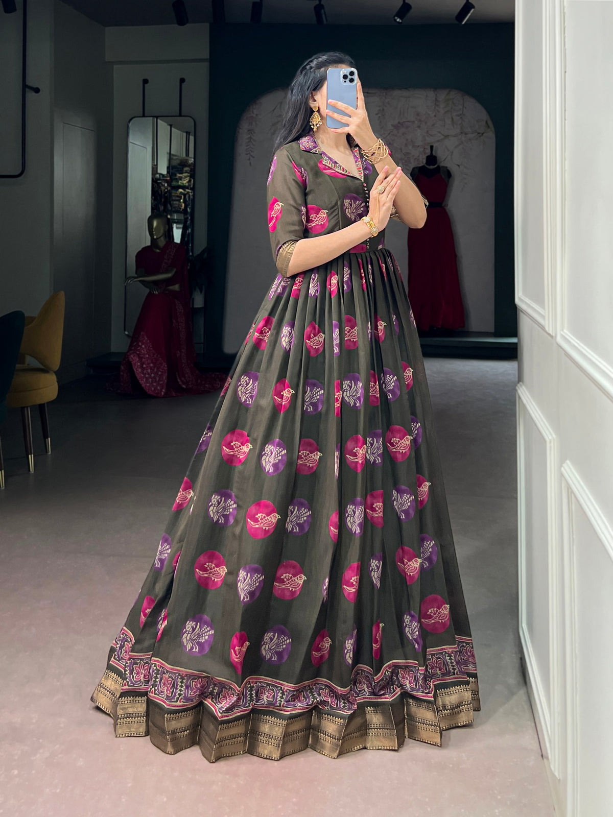 Mehndi Pure P.V. Chanderi Silk Artistic Printed Anarkali Gown