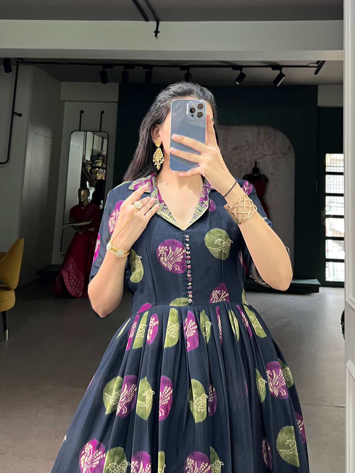 Navy Pure P.V. Chanderi Silk Artistic Printed Anarkali Gown