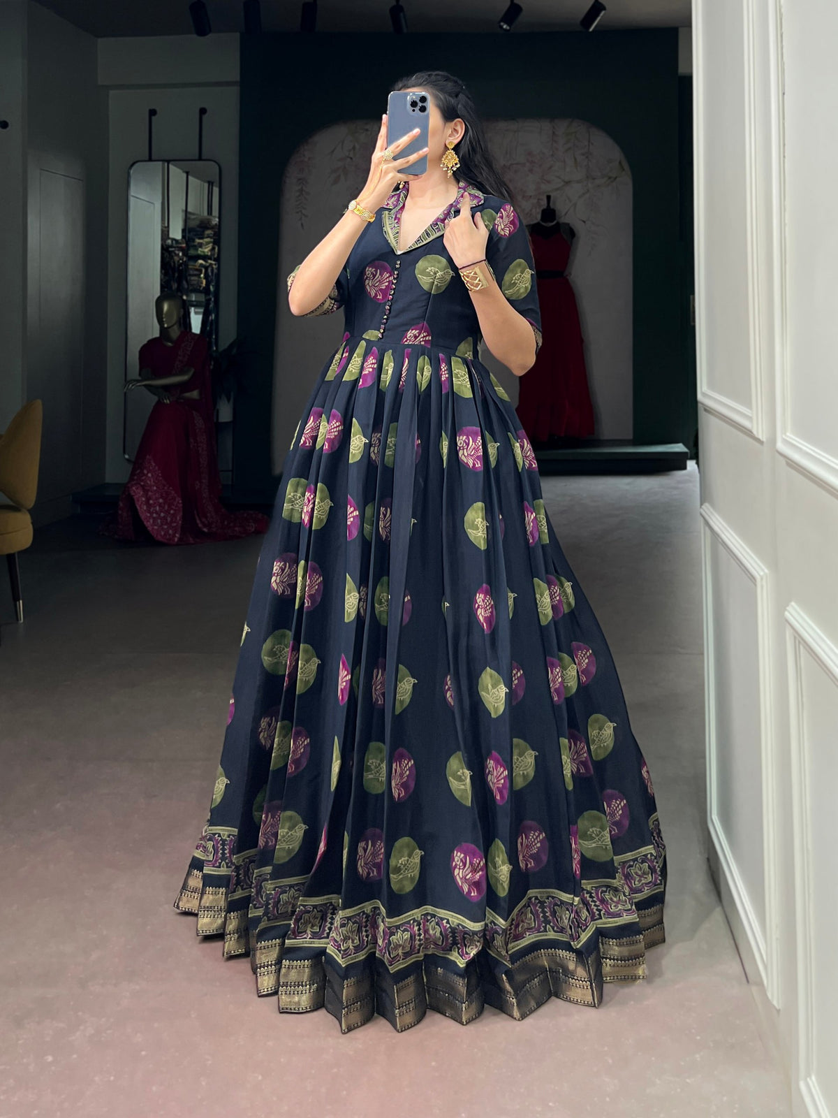 Navy Pure P.V. Chanderi Silk Artistic Printed Anarkali Gown