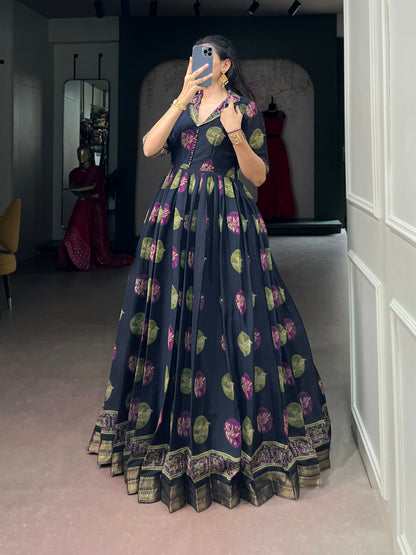 Navy Pure P.V. Chanderi Silk Artistic Printed Anarkali Gown