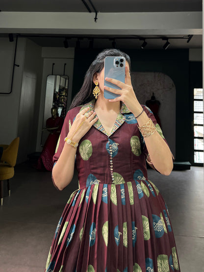 Maroon Pure P.V. Chanderi Silk Artistic Printed Anarkali Gown