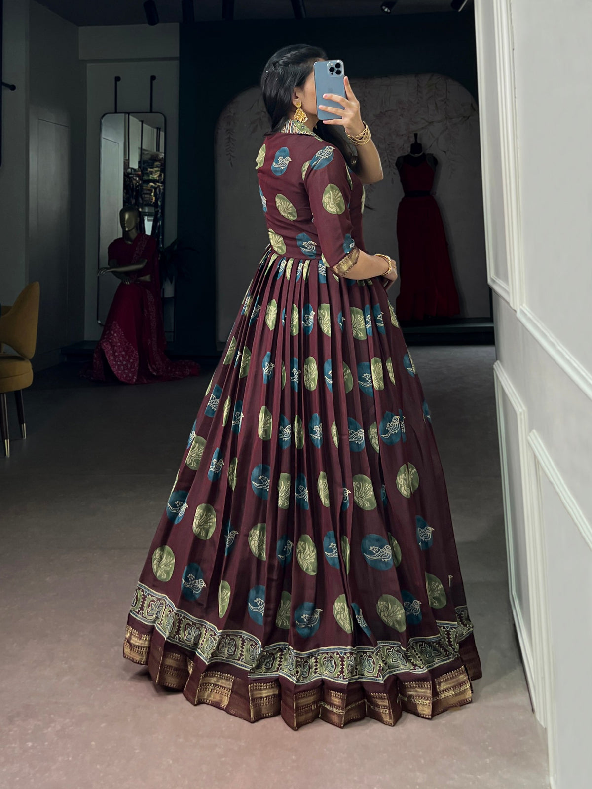 Maroon Pure P.V. Chanderi Silk Artistic Printed Anarkali Gown