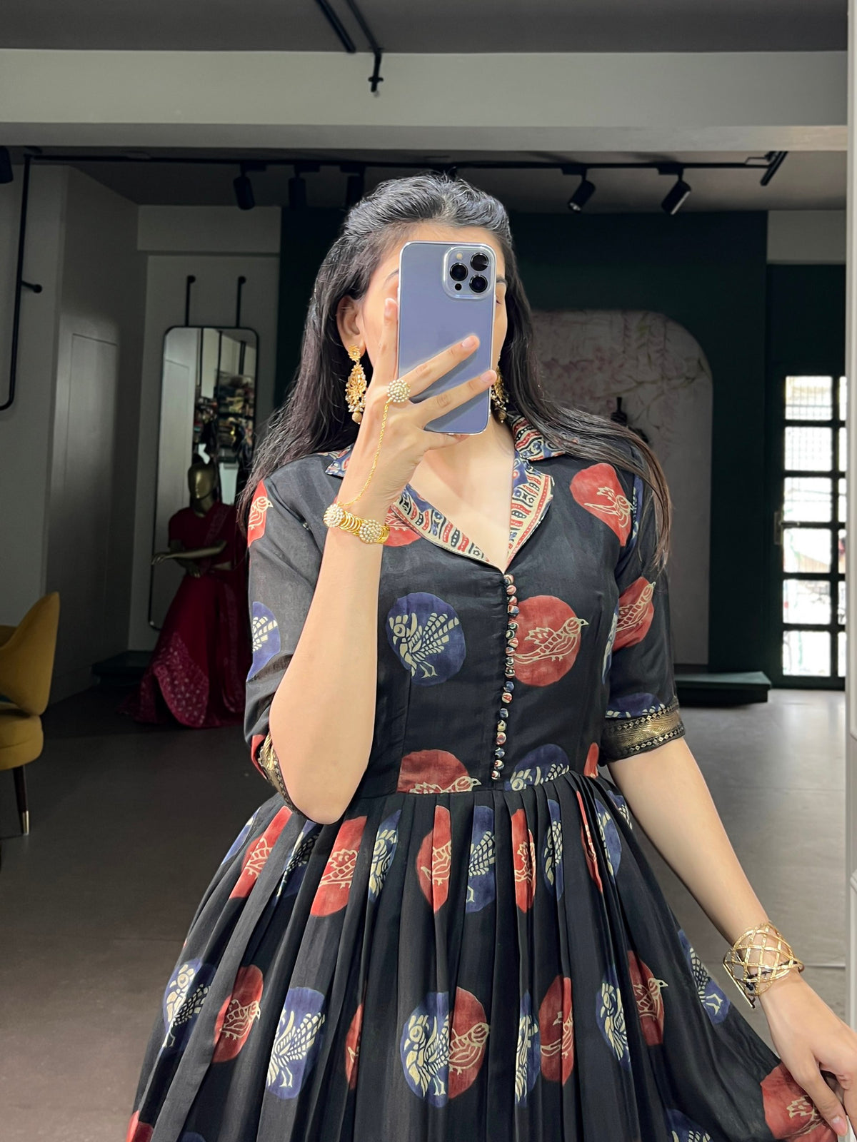 Black Pure P.V. Chanderi Silk Artistic Printed Anarkali Gown