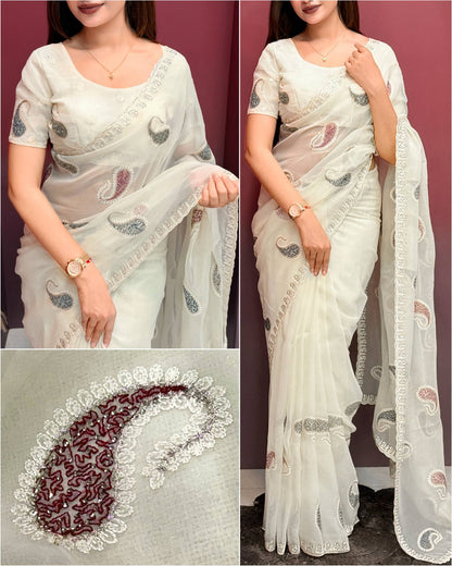 White Pure Soft Melborne Simmer Silk Multy Thread Kashmiri Pattern Embroidered Work Saree