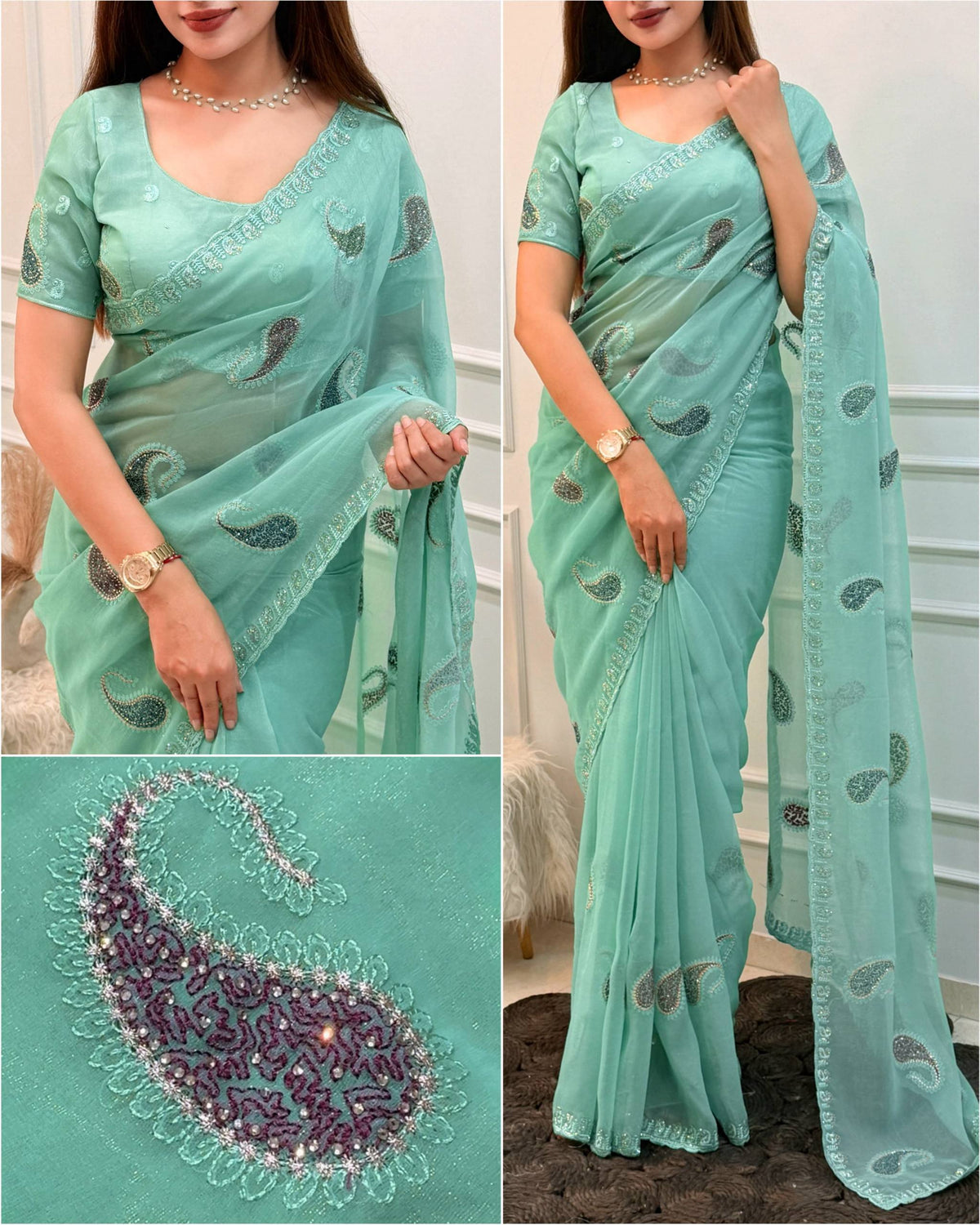 Mint Green Pure Soft Melborne Simmer Silk Multy Thread Kashmiri Pattern Embroidered Work Saree