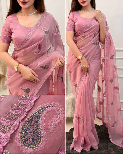 Pink Pure Soft Melborne Simmer Silk Multy Thread Kashmiri Pattern Embroidered Work Saree
