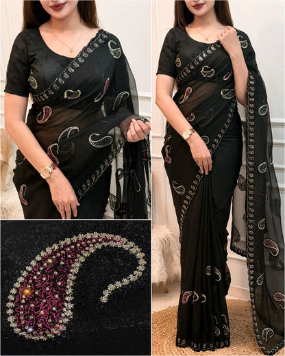 Black Pure Soft Melborne Simmer Silk Multy Thread Kashmiri Pattern Embroidered Work Saree