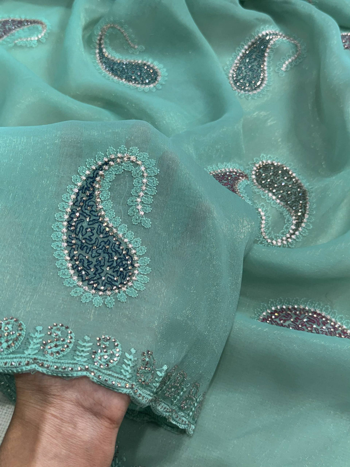 Mint Green Pure Soft Melborne Simmer Silk Multy Thread Kashmiri Pattern Embroidered Work Saree
