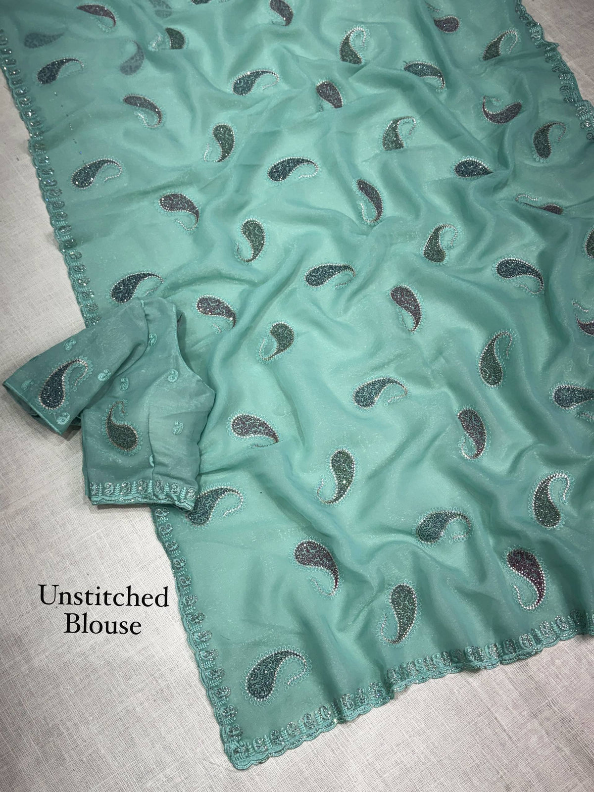 Mint Green Pure Soft Melborne Simmer Silk Multy Thread Kashmiri Pattern Embroidered Work Saree