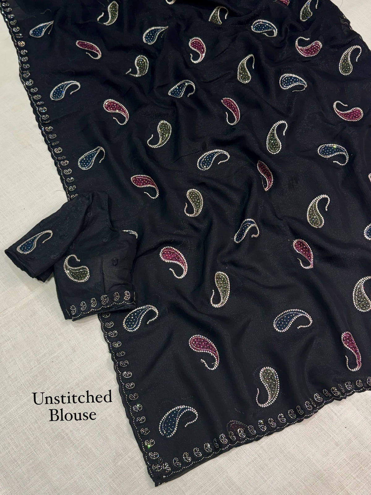 Black Pure Soft Melborne Simmer Silk Multy Thread Kashmiri Pattern Embroidered Work Saree