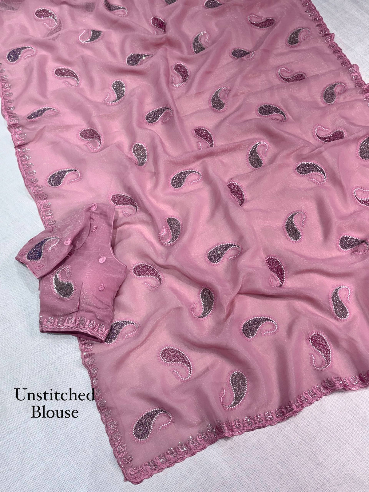 Pink Pure Soft Melborne Simmer Silk Multy Thread Kashmiri Pattern Embroidered Work Saree