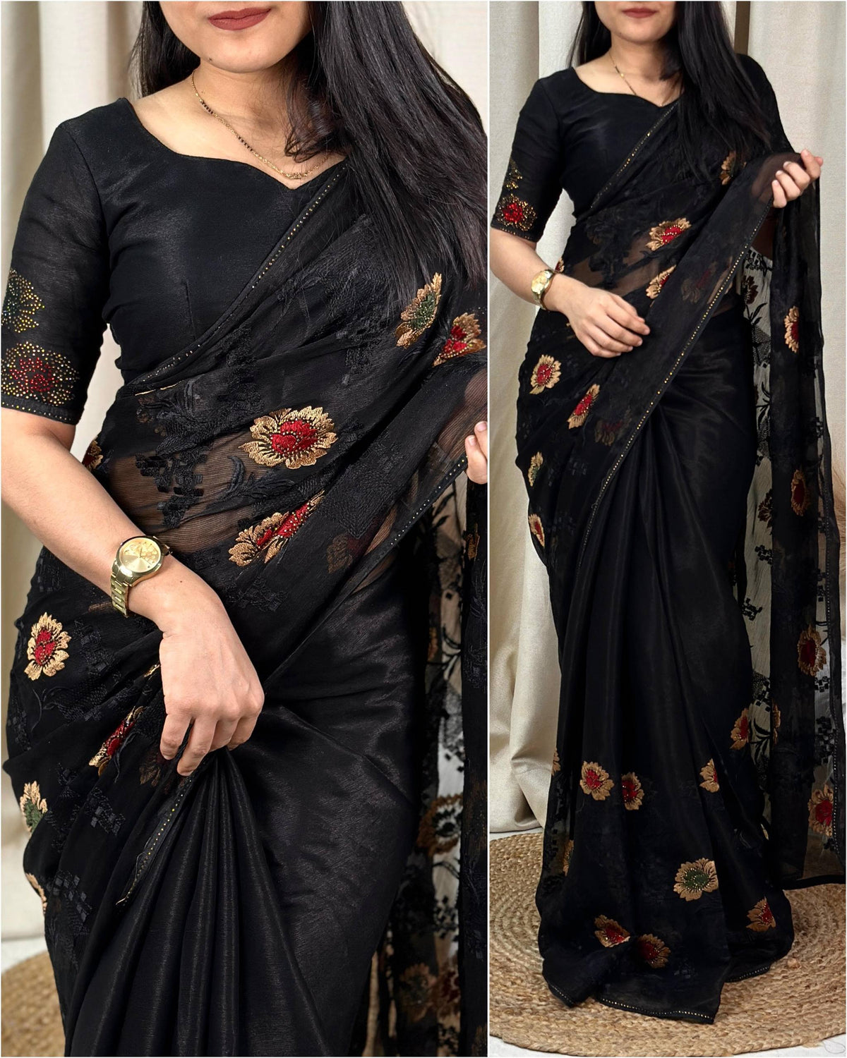 Black Pure Sitara Chiffon Thread Embroidered Work Chiffon Saree