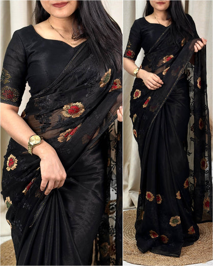 Black Pure Sitara Chiffon Thread Embroidered Work Chiffon Saree