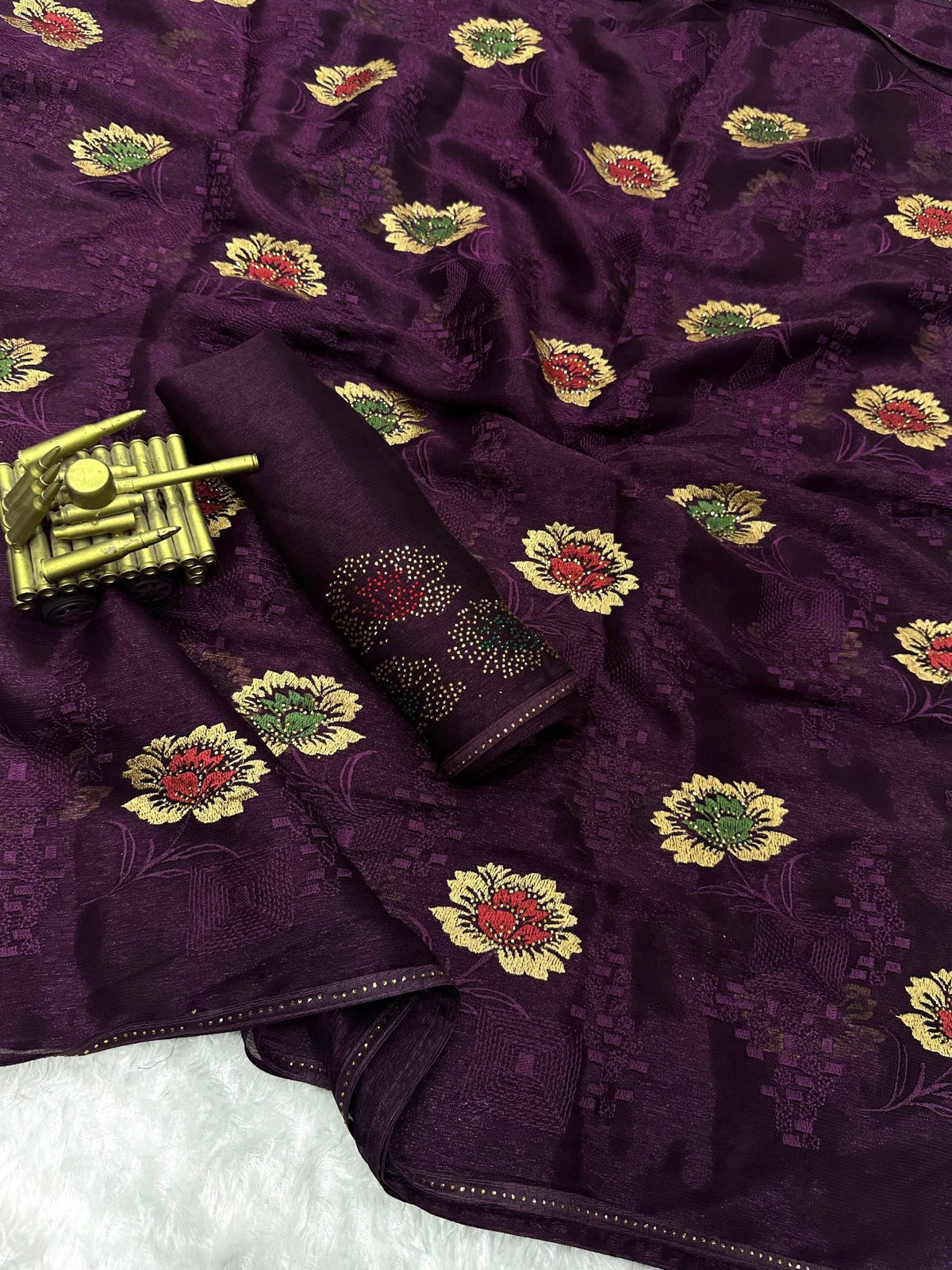 Purple Pure Sitara Chiffon Thread Embroidered Work Chiffon Saree