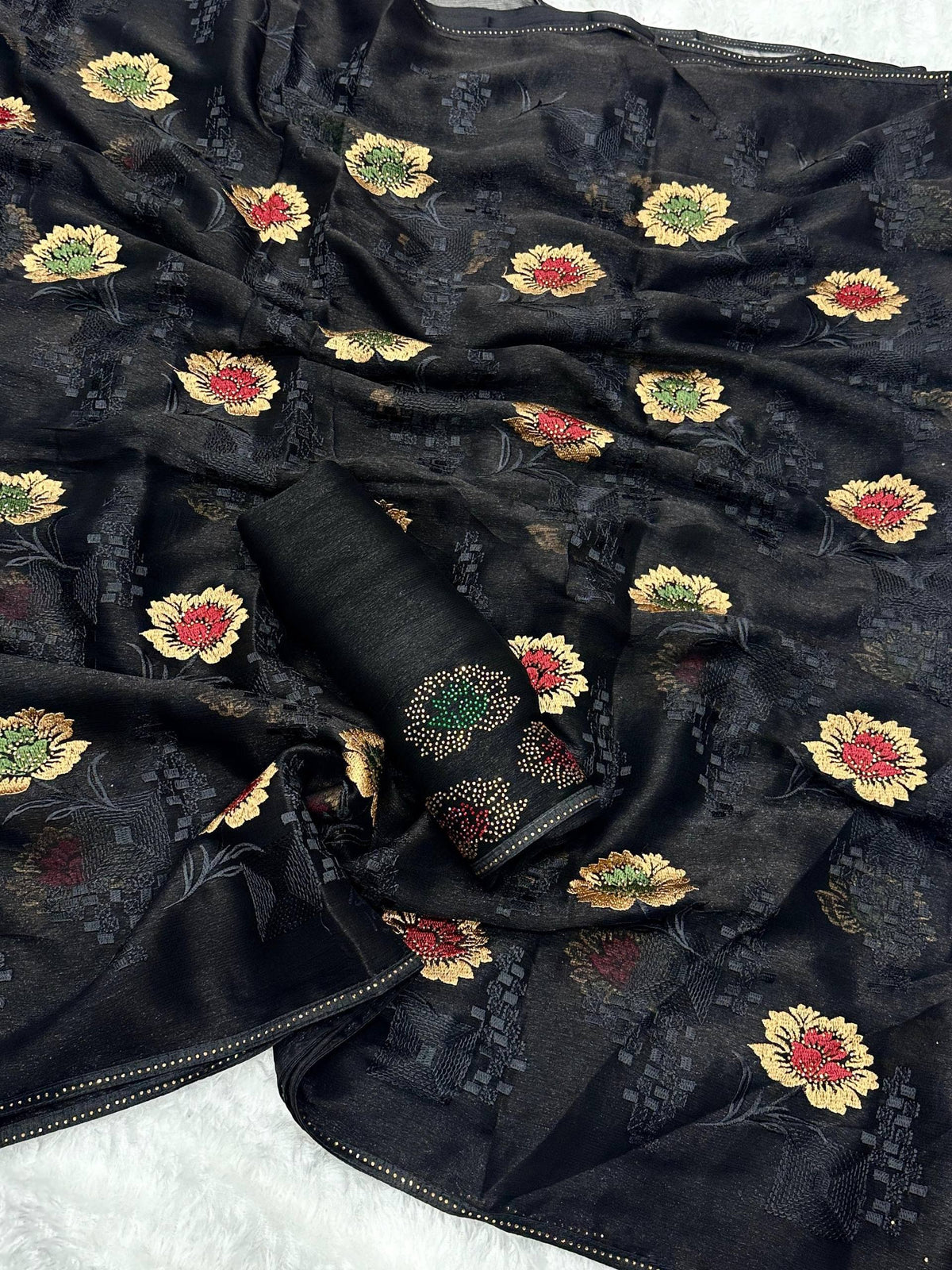 Black Pure Sitara Chiffon Thread Embroidered Work Chiffon Saree