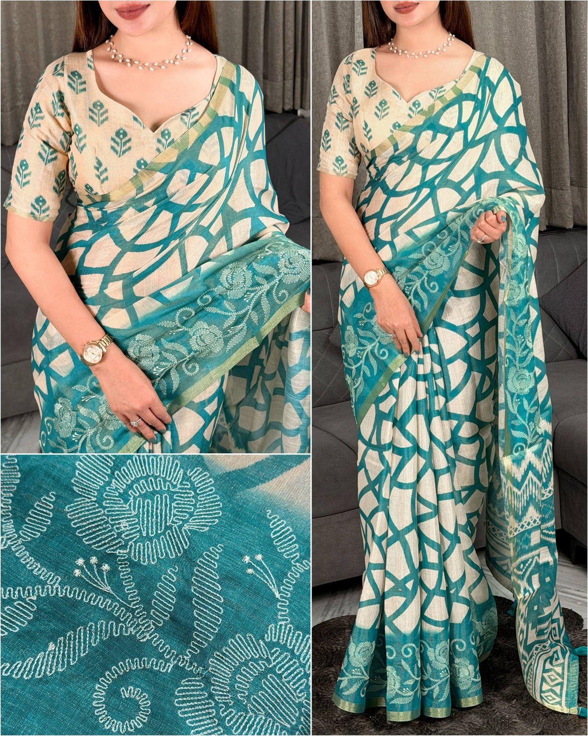 Turquoise Pure Soft Erode Silk Thread Embroidered Work Saree