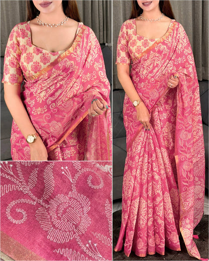 Pink Pure Soft Erode Silk Thread Embroidered Work Saree