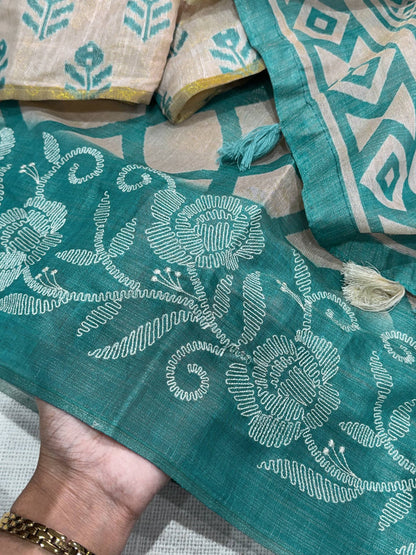 Turquoise Pure Soft Erode Silk Thread Embroidered Work Saree