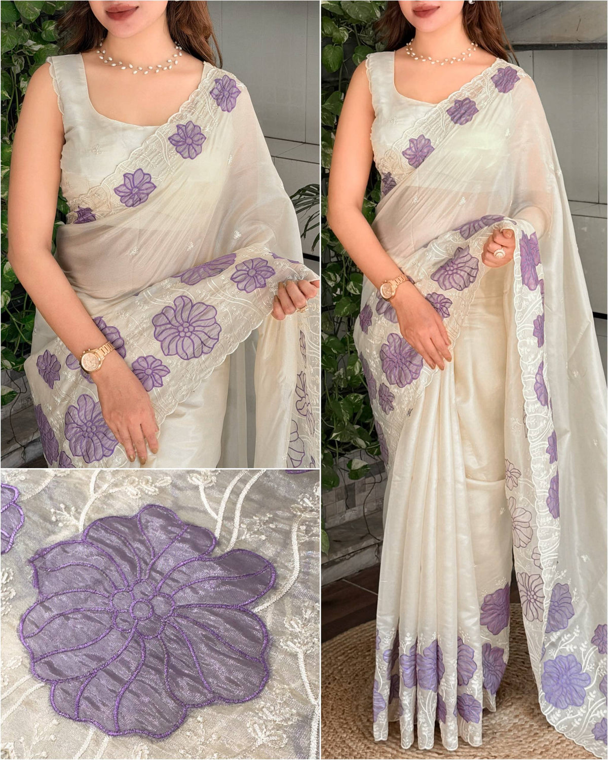 Off White &amp; Purple Pure Soft Rasberry Silk Thread Embroidered Work Saree