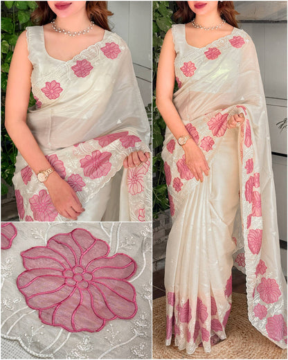 Off White &amp; Pink Pure Soft Rasberry Silk Thread Embroidered Work Saree