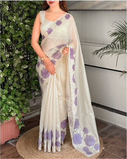 Off White &amp; Purple Pure Soft Rasberry Silk Thread Embroidered Work Saree