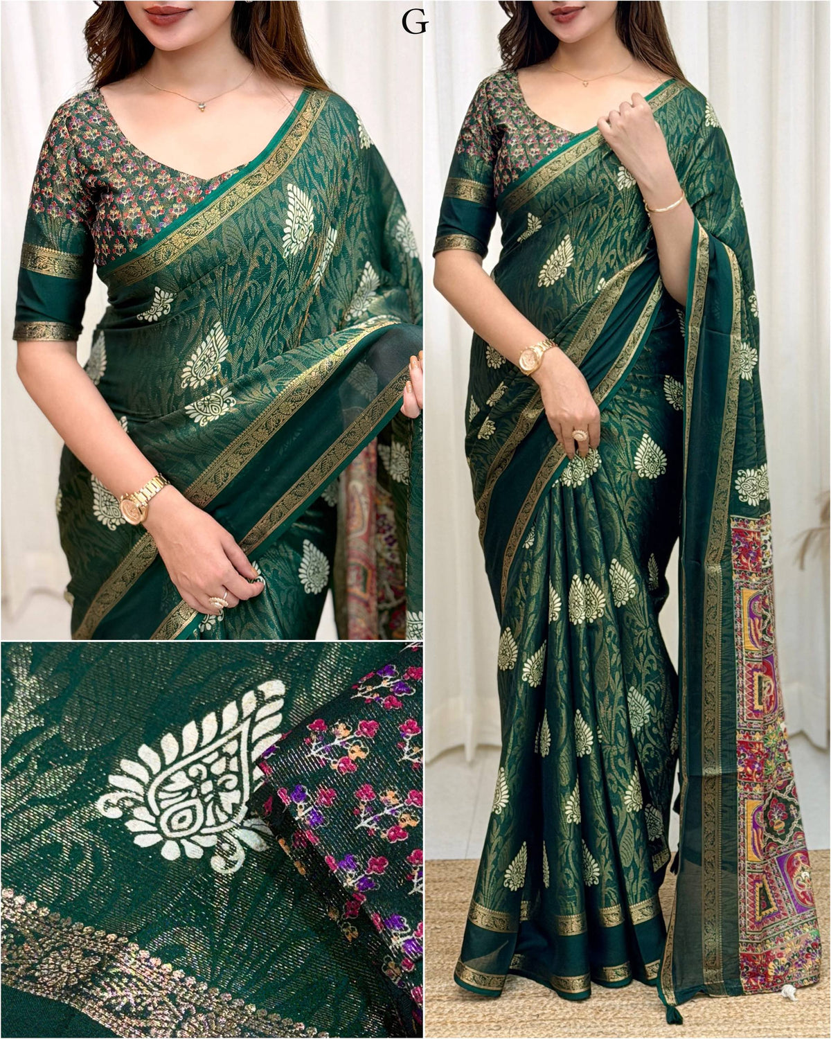 Green Soft Cotton Jacquard Batik Print Cotton Saree