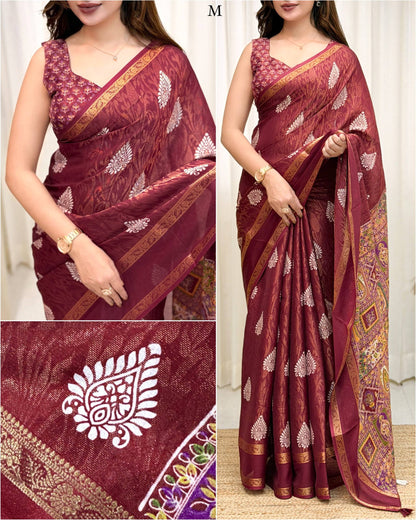 Maroon Soft Cotton Jacquard Batik Print Cotton Saree