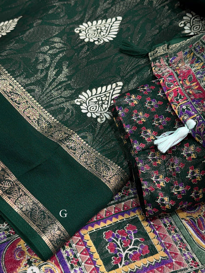 Green Soft Cotton Jacquard Batik Print Cotton Saree