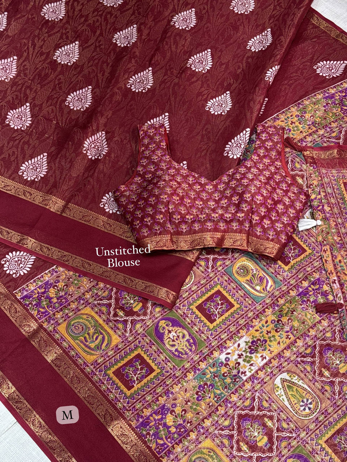 Maroon Soft Cotton Jacquard Batik Print Cotton Saree