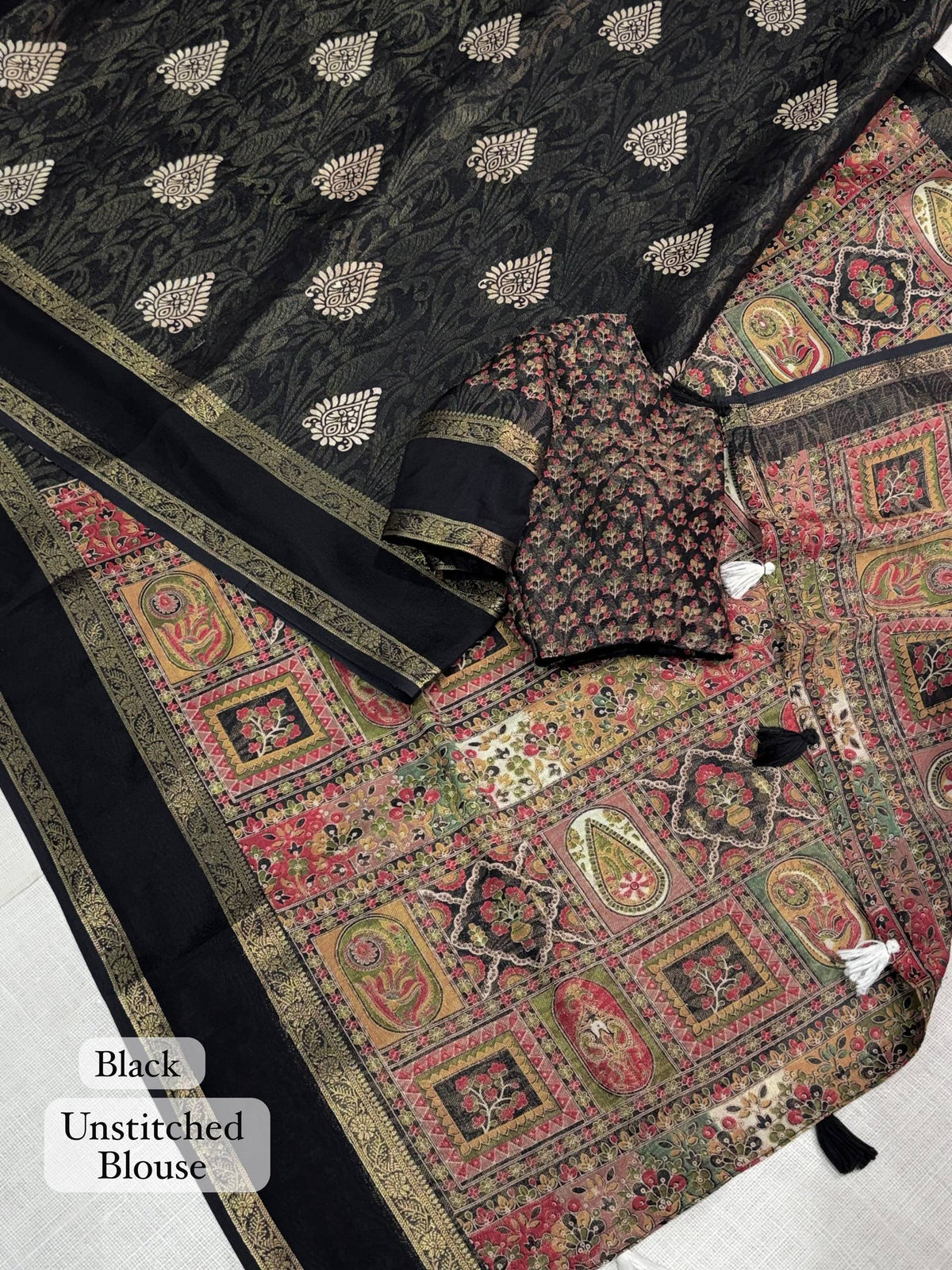 Black Soft Cotton Jacquard Batik Print Cotton Saree