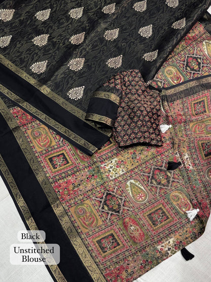 Black Soft Cotton Jacquard Batik Print Cotton Saree