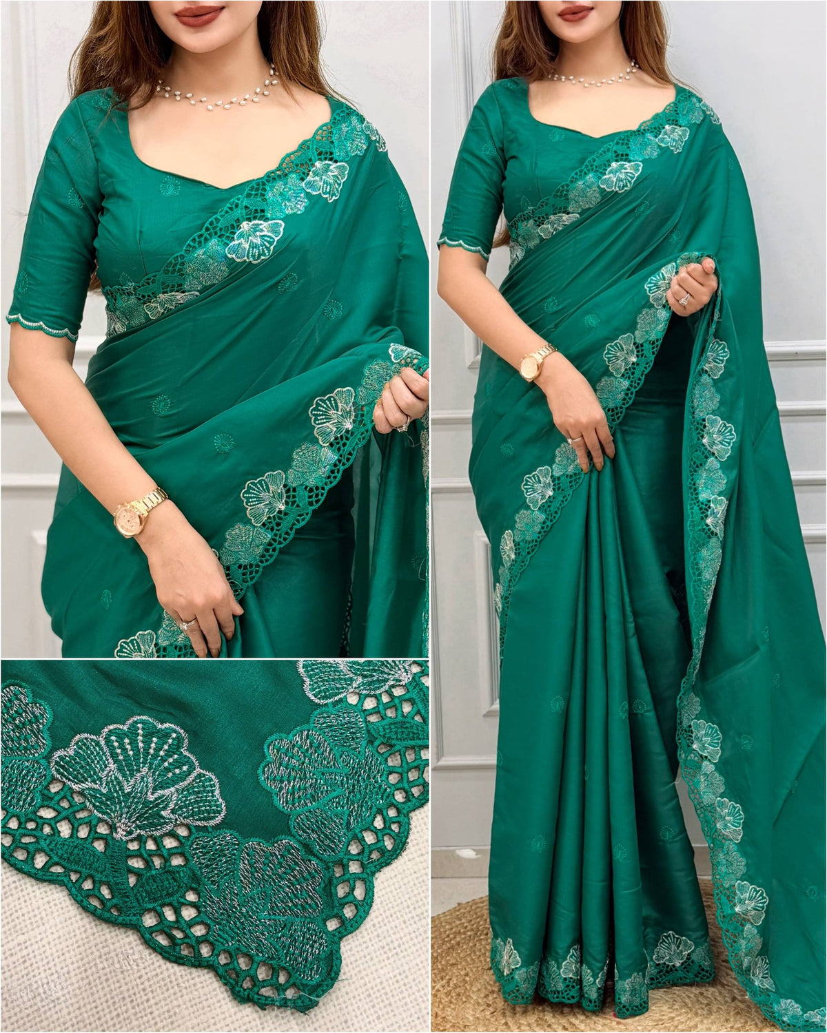 Green Pure Korean Tusser Thread Zari Embroidery Work Tussar Saree