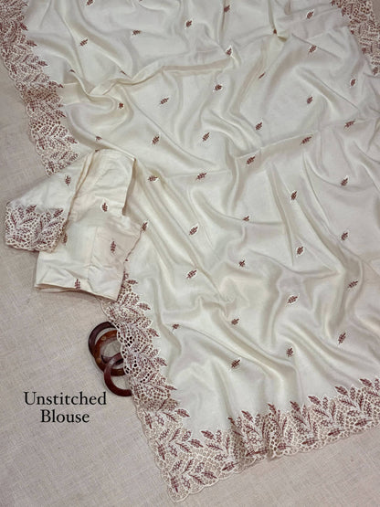 White Soft Cotton Thread Embroidery Work  Saree