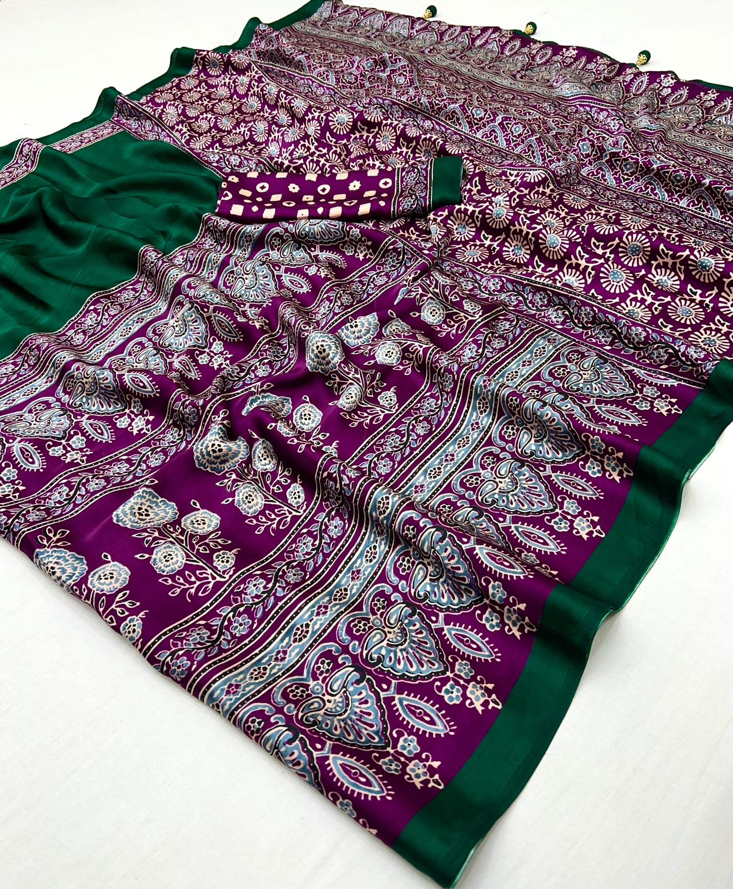 Emerald Green Semi Modal Traditional Printed Saree with Purple Border
